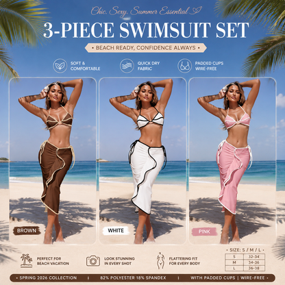 Women’s 3-Piece Swimsuit Set – Solid Color Bikini with Long Skirt, Beach Vacation Swimwear