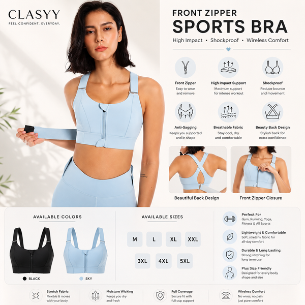 Front Zipper Sports Bra for Women – High Impact Shockproof Wireless Fitness Bra