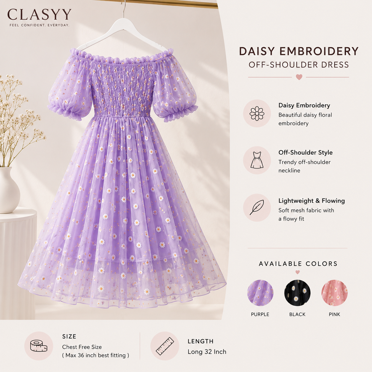 Elegant Daisy Embroidered Mesh Dress for Women – Off-Shoulder Puff Sleeve Summer Maxi Dress