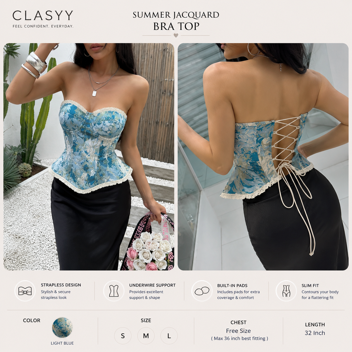Summer Jacquard Bra Top for Women – Strapless Floral Underwire Crop Top, Beach Vacation Style