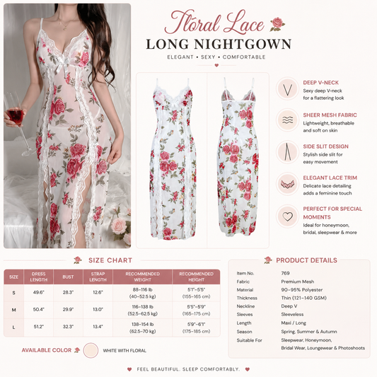 Sexy Deep V Mesh Lace Long Nightgown for Women – Side Slit Sheer Maxi Slip Dress Sleepwear