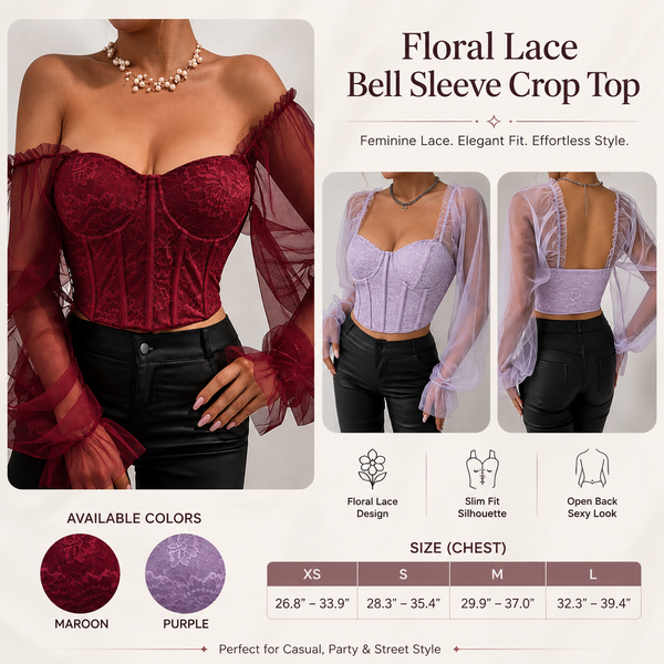Floral Lace Bell Sleeve Crop Top – Slim Fit Open Back Sexy Short Blouse