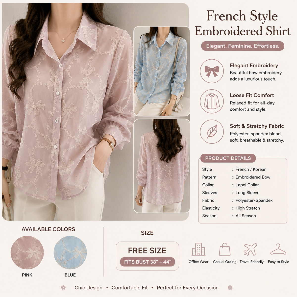 French Style Embroidered Bow Shirt for Women – Korean Long Sleeve Loose Fit Office & Casual Top