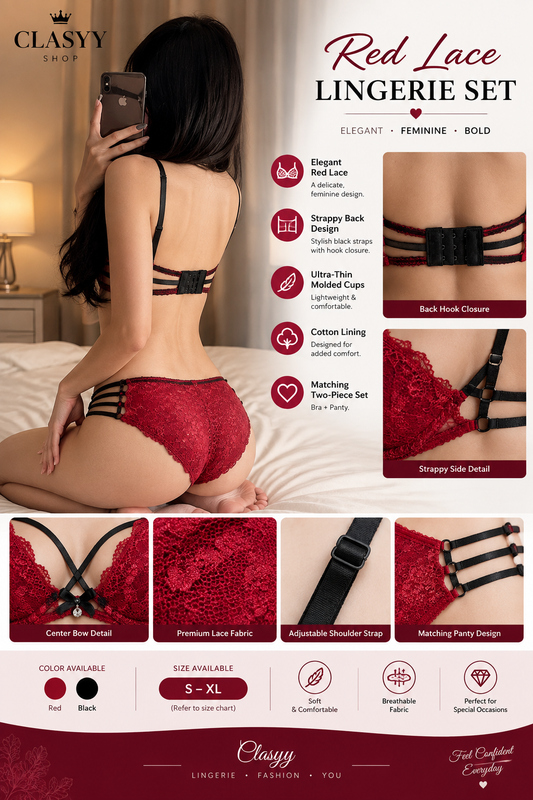 Red Lace Lingerie Set for Women – Sheer Two-Piece Bra & Panty Set