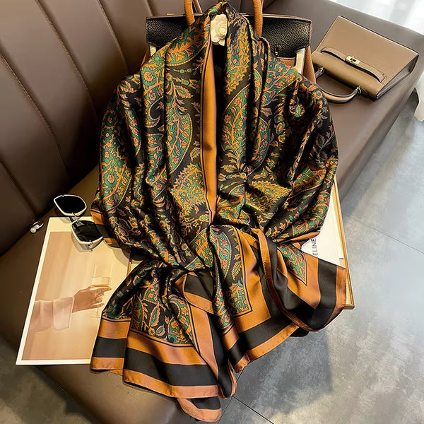 New Long Silk Scarf for Women – Green Floral