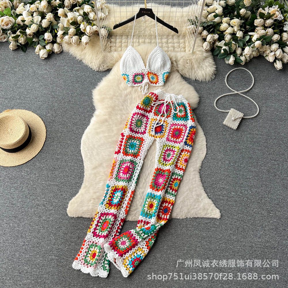 Bohemian Crochet Halter Neck 2PCS Set for Women – Hollow Knit V-Neck Bandeau Top with Wide-Leg Pants