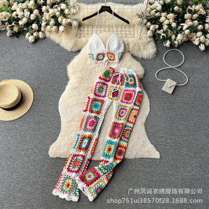 Bohemian Crochet Halter Neck 2PCS Set for Women – Hollow Knit V-Neck Bandeau Top with Wide-Leg Pants