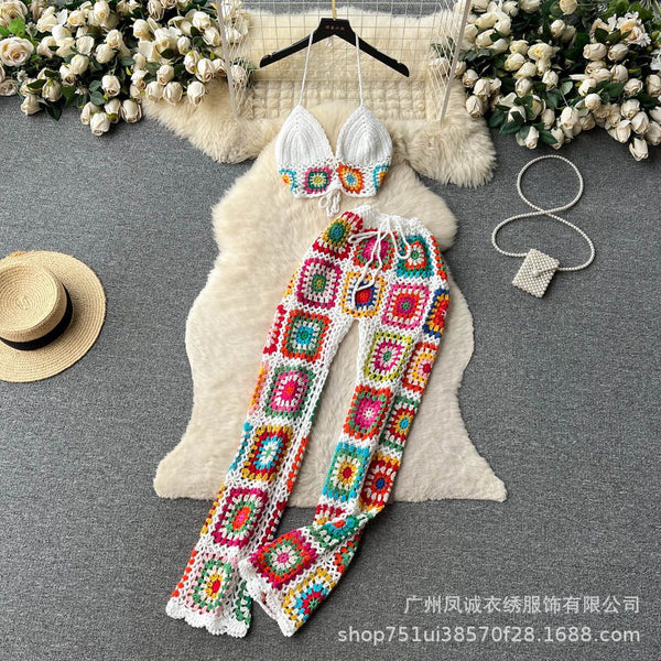 Bohemian Crochet Halter Neck 2PCS Set for Women – Hollow Knit V-Neck Bandeau Top with Wide-Leg Pants