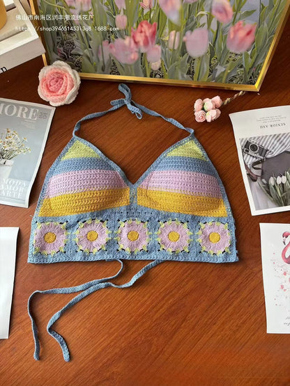 Embroidered Crochet Crop Top for Women – Hollow V-Neck Lace-Up Cotton Sling Vest