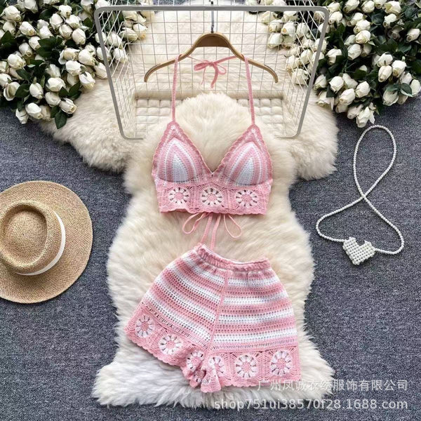 Halter Neck Knit Camisole Set for Women | Crop Top & Shorts 2PCS Outfit