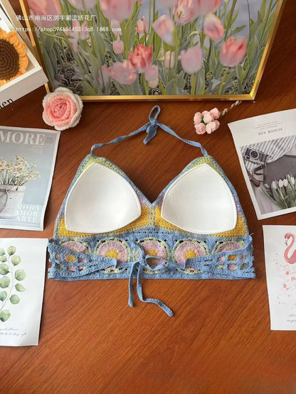 Embroidered Crochet Crop Top for Women – Hollow V-Neck Lace-Up Cotton Sling Vest