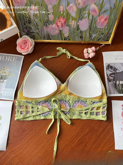 Embroidered Crochet Crop Top for Women – Hollow V-Neck Lace-Up Cotton Sling Vest