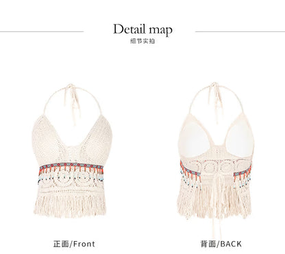 Ethnic Knit Halter Crop Top for Women – Slim Fit Ultra-Short Elegant Sling Top Apricot Color