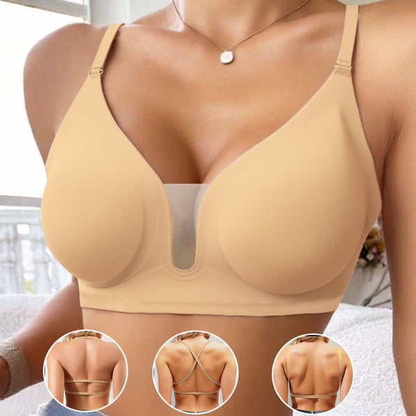 Deep V Seamless Minimizer Bra for Large Bust | Wireless Thin Strap Cross-Back Beauty Back Bra | Breathable Summer Invisible Backless Bra