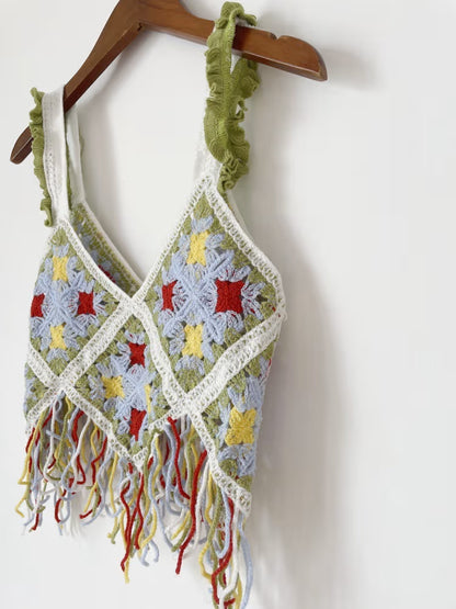 Vintage Bohemian Embroidered Tassel Camisole Top without Pad – Sweet Girly Cotton Sling Vest for Women