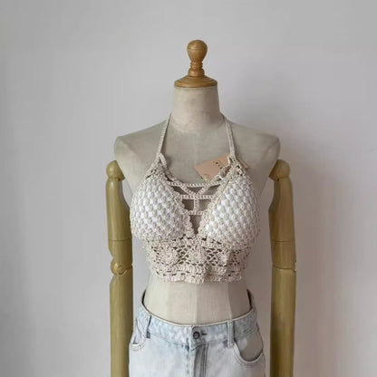 Crochet Halter Top for Women – Backless Lace-Up V-Neck Beach Tube Top (White & Apricot)