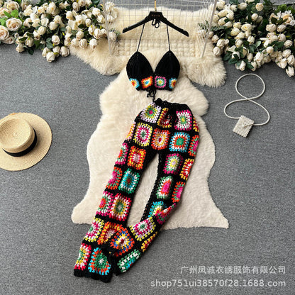 Bohemian Crochet Halter Neck 2PCS Set for Women – Hollow Knit V-Neck Bandeau Top with Wide-Leg Pants