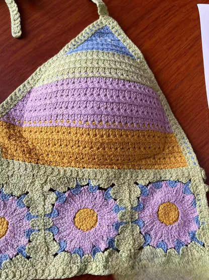 Embroidered Crochet Crop Top for Women – Hollow V-Neck Lace-Up Cotton Sling Vest