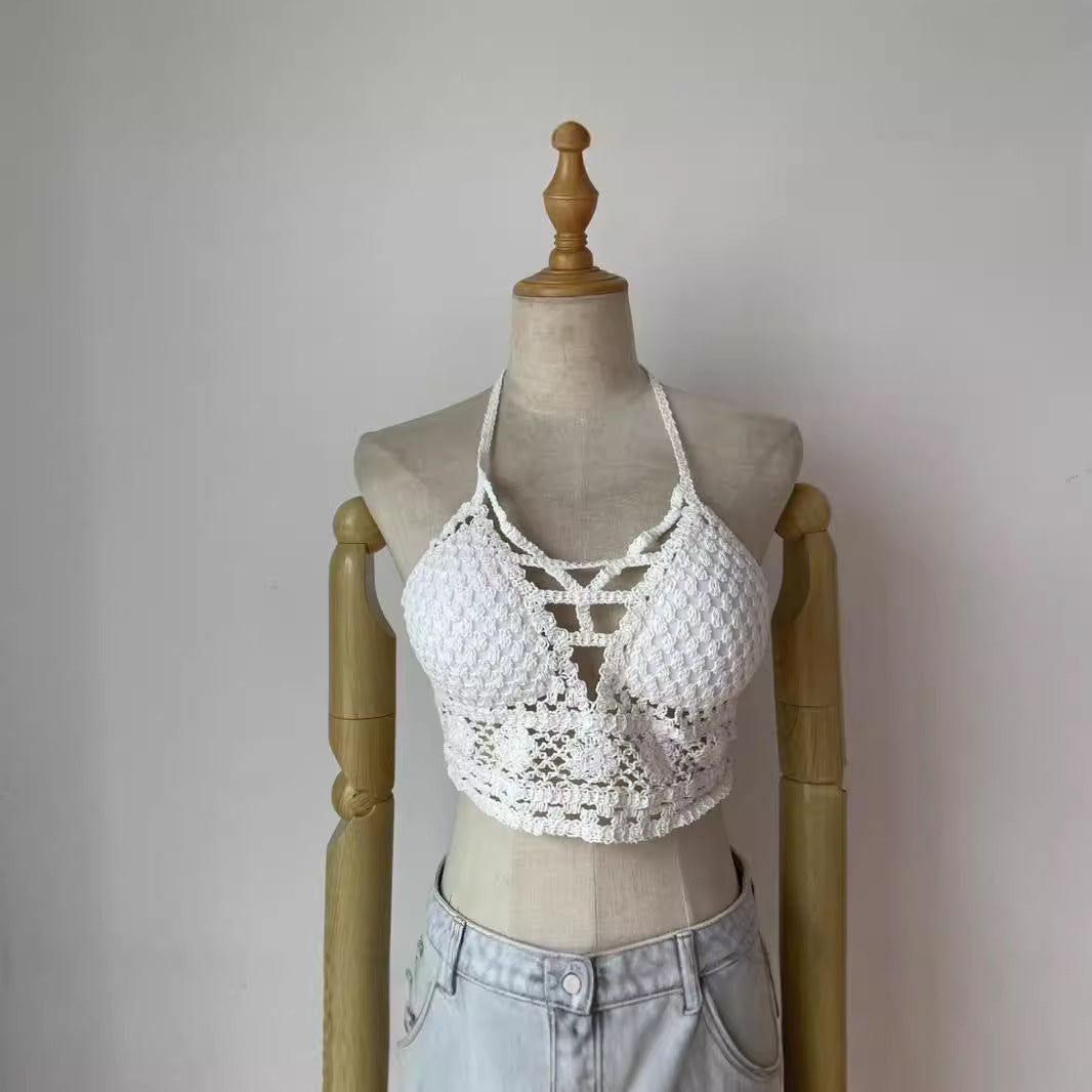 Crochet Halter Top for Women – Backless Lace-Up V-Neck Beach Tube Top (White & Apricot)