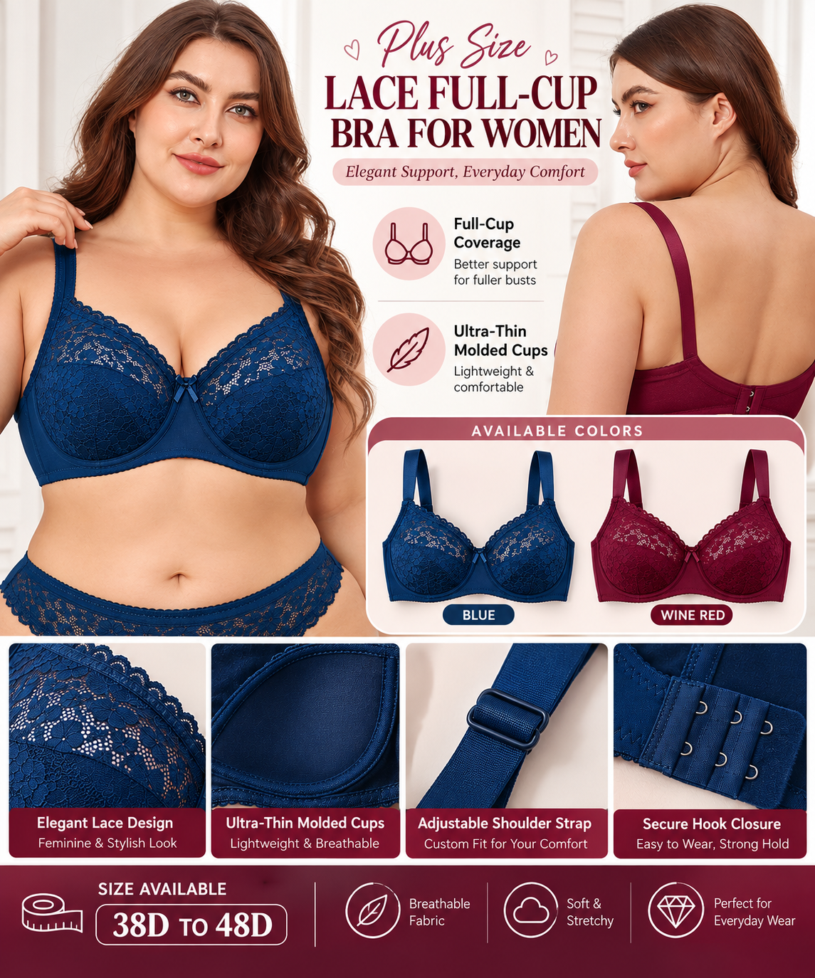 Plus Size Lace Full-Cup Bra for Women with wire– Ultra-Thin Breathable Everyday Lingerie