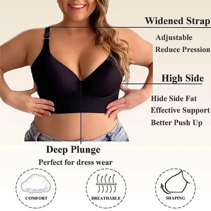 Women's Plus Size 3/4 Cup Deep V Push-Up Underwire Bra for Women | Seamless Gathered Lift Sports Back Support Bra | Anti-Sagging Large Size Bra