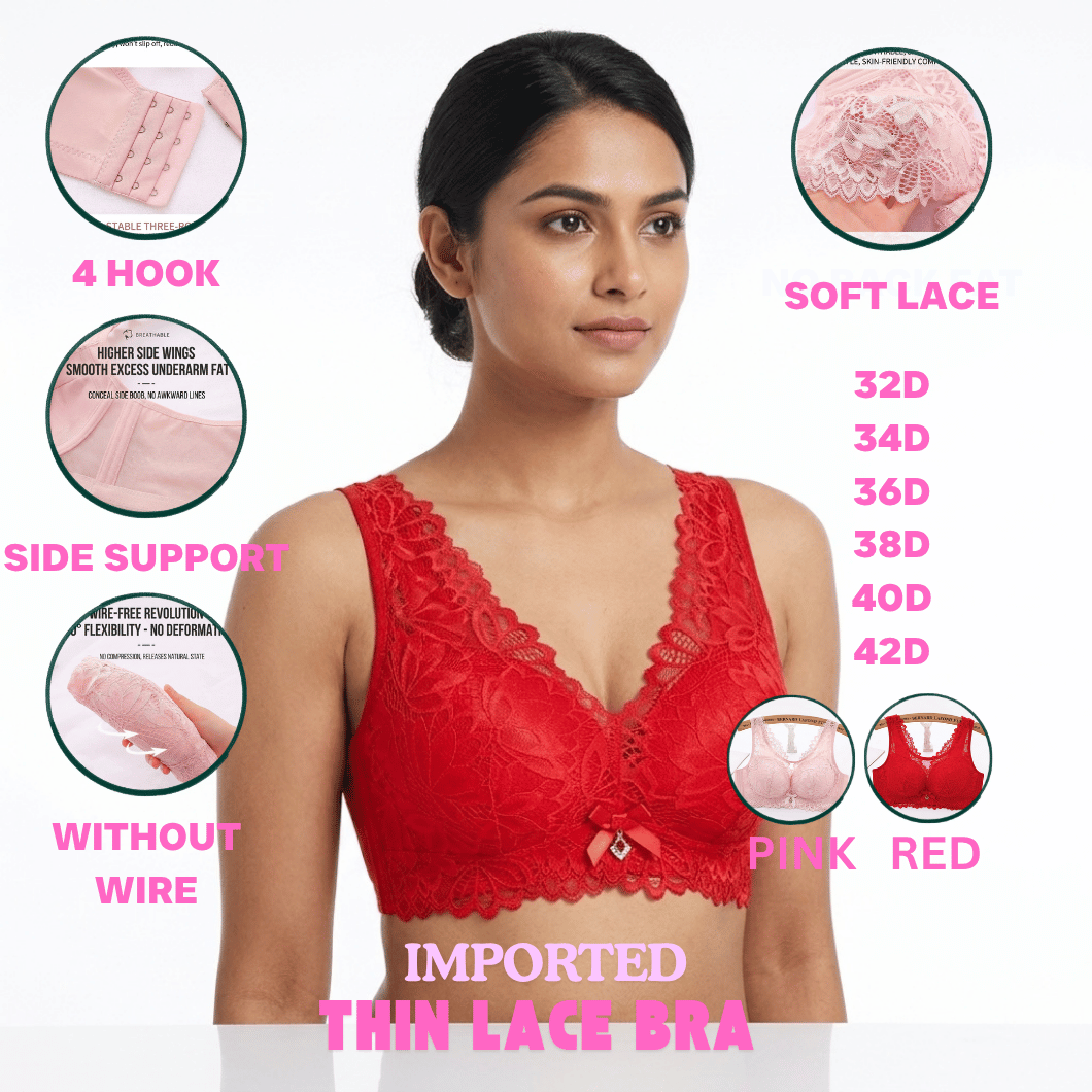 Plus Size Thin Lace Bra for Women in Bangladesh – Wire-Free Push-Up Bra with Side Support & Back Hook Closure