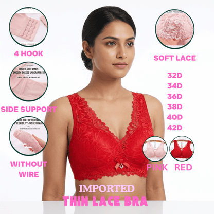 Plus Size Thin Lace Bra for Women in Bangladesh – Wire-Free Push-Up Bra with Side Support & Back Hook Closure