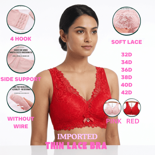 Plus Size Thin Lace Bra for Women in Bangladesh – Wire-Free Push-Up Bra with Side Support & Back Hook Closure