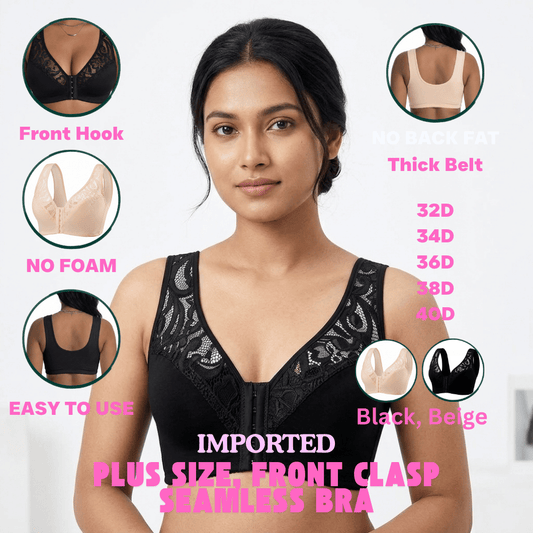 Plus Size 3/4 Cup Lace Front-Clasp Bra for Women – Wire-Free Seamless Push-Up Vest Bra