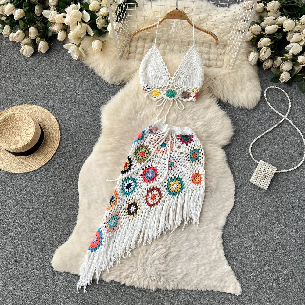 Summer Bohemian Crochet Halter Neck Top Set for Women