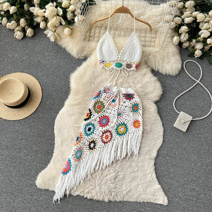 Summer Bohemian Crochet Halter Neck Top Set for Women