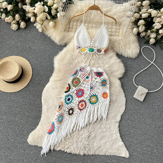 Summer Bohemian Crochet Halter Neck Top Set for Women