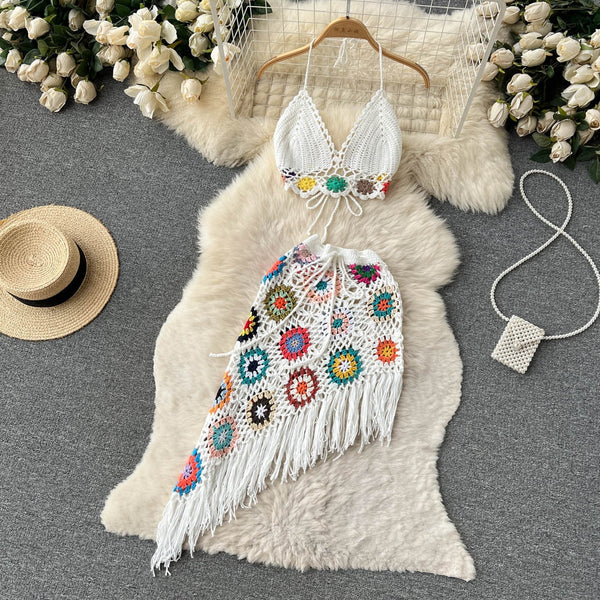 Summer Bohemian Crochet Halter Neck Top Set for Women