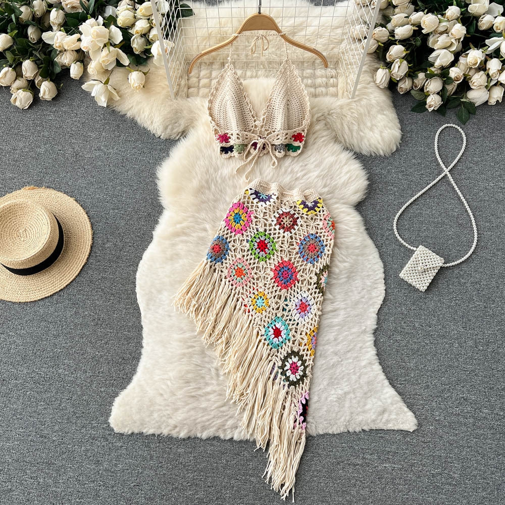 Summer Bohemian Crochet Halter Neck Top Set for Women