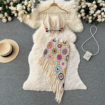 Summer Bohemian Crochet Halter Neck Top Set for Women