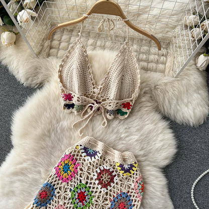 Summer Bohemian Crochet Halter Neck Top Set for Women