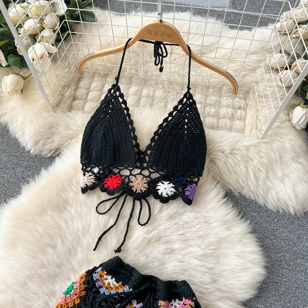 Summer Bohemian Crochet Halter Neck Top Set for Women