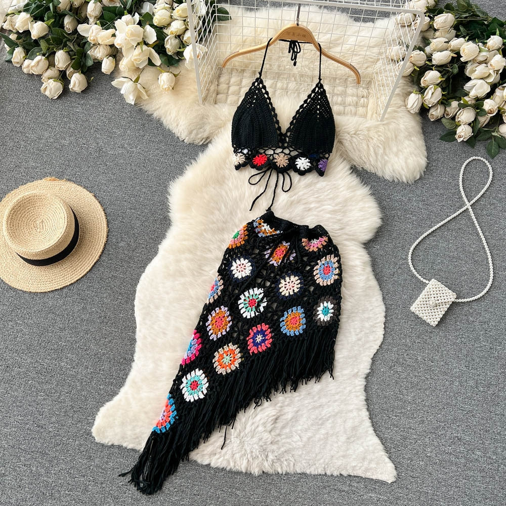 Summer Bohemian Crochet Halter Neck Top Set for Women
