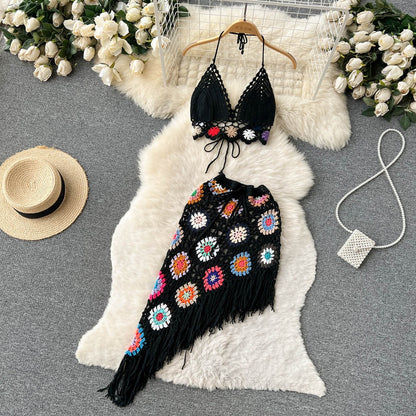 Summer Bohemian Crochet Halter Neck Top Set for Women