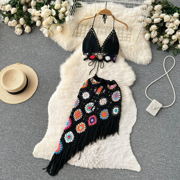 Summer Bohemian Crochet Halter Neck Top Set for Women