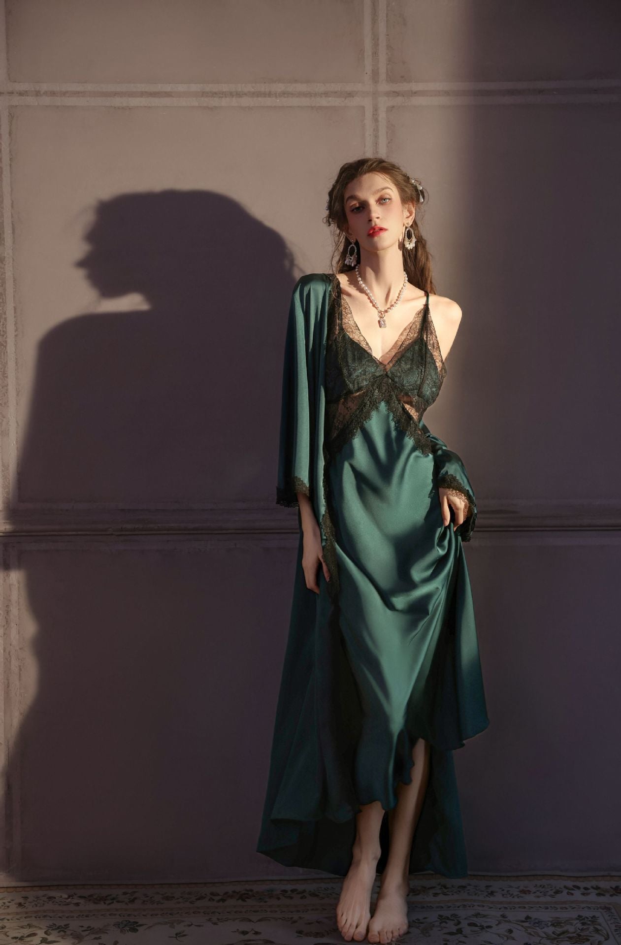 Luxury Ice Silk Padded Nighty Set for Women – Sexy V-Neck Long Camisole with Robe (2PCS Sleepwear)