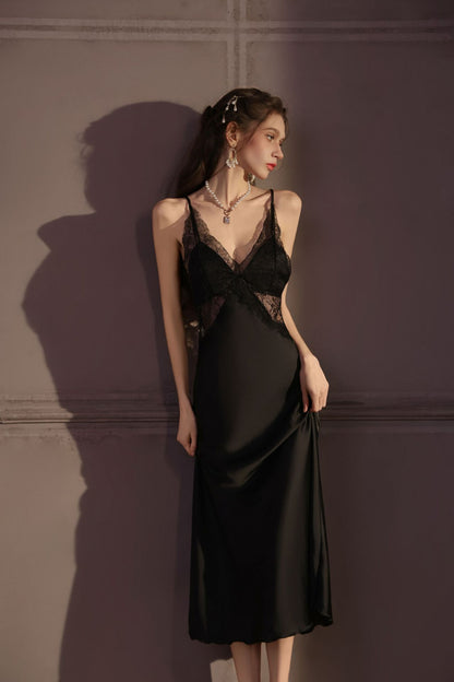Luxury Ice Silk Padded Nighty Set for Women – Sexy V-Neck Long Camisole with Robe (2PCS Sleepwear)