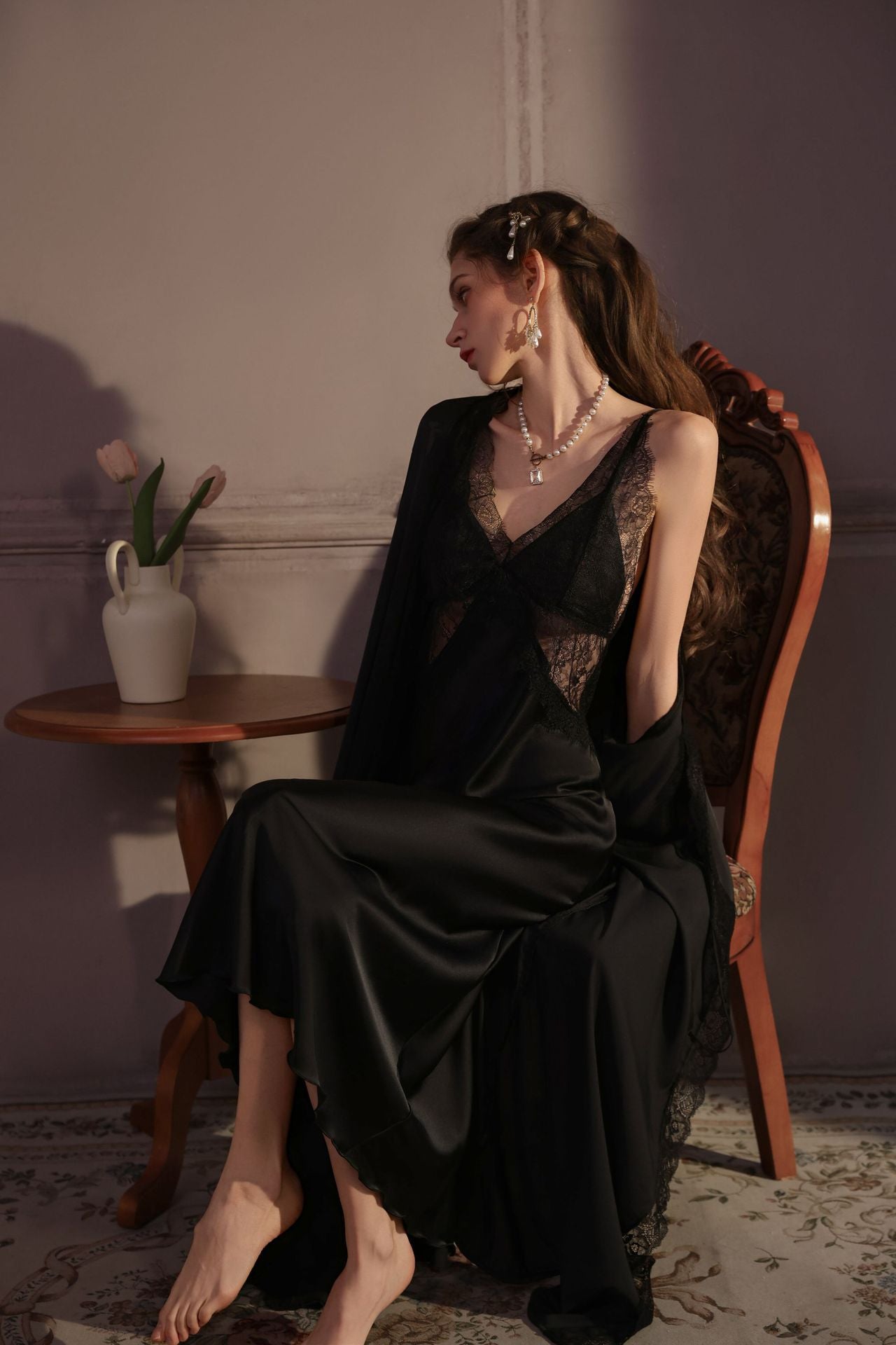Luxury Ice Silk Padded Nighty Set for Women – Sexy V-Neck Long Camisole with Robe (2PCS Sleepwear)