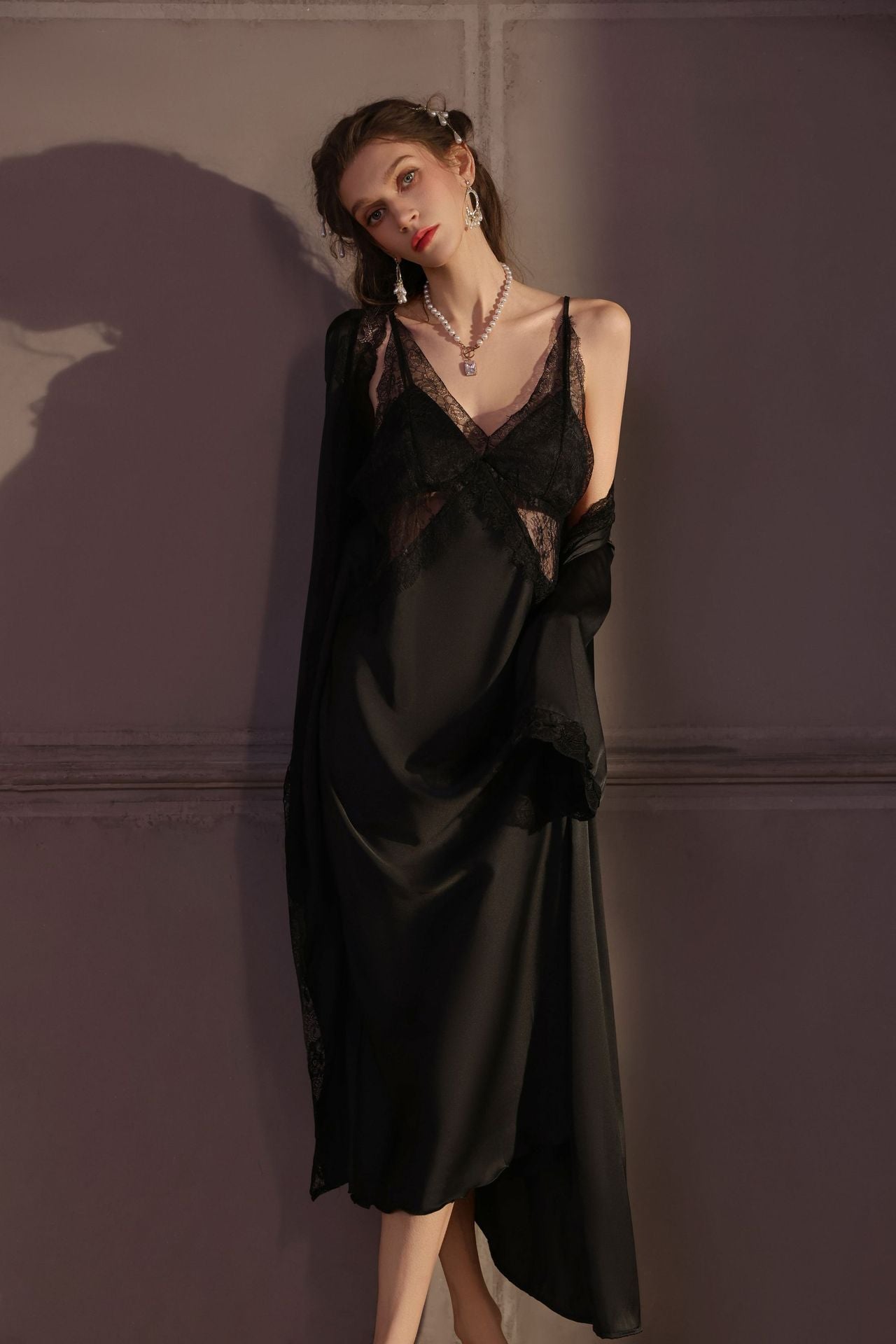 Luxury Ice Silk Padded Nighty Set for Women – Sexy V-Neck Long Camisole with Robe (2PCS Sleepwear)