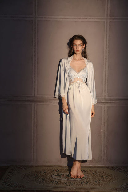 French Style Ice Silk Padded Nighty Set for Women – Sexy Lace Trim Long Camisole Sleepwear