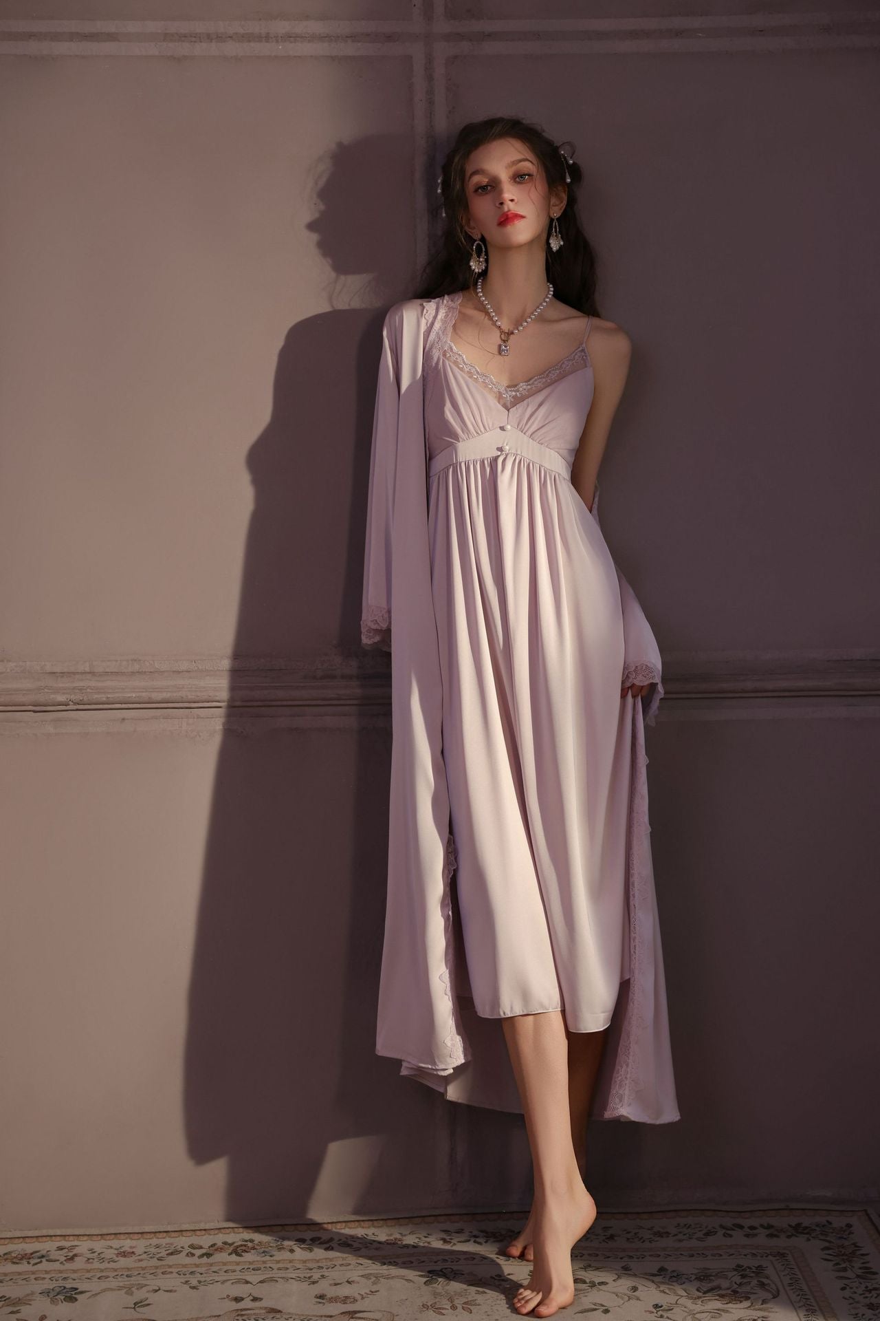 Luxury Ice Silk Long Nighty Set for Women – Sexy Suspender Camisole with Robe