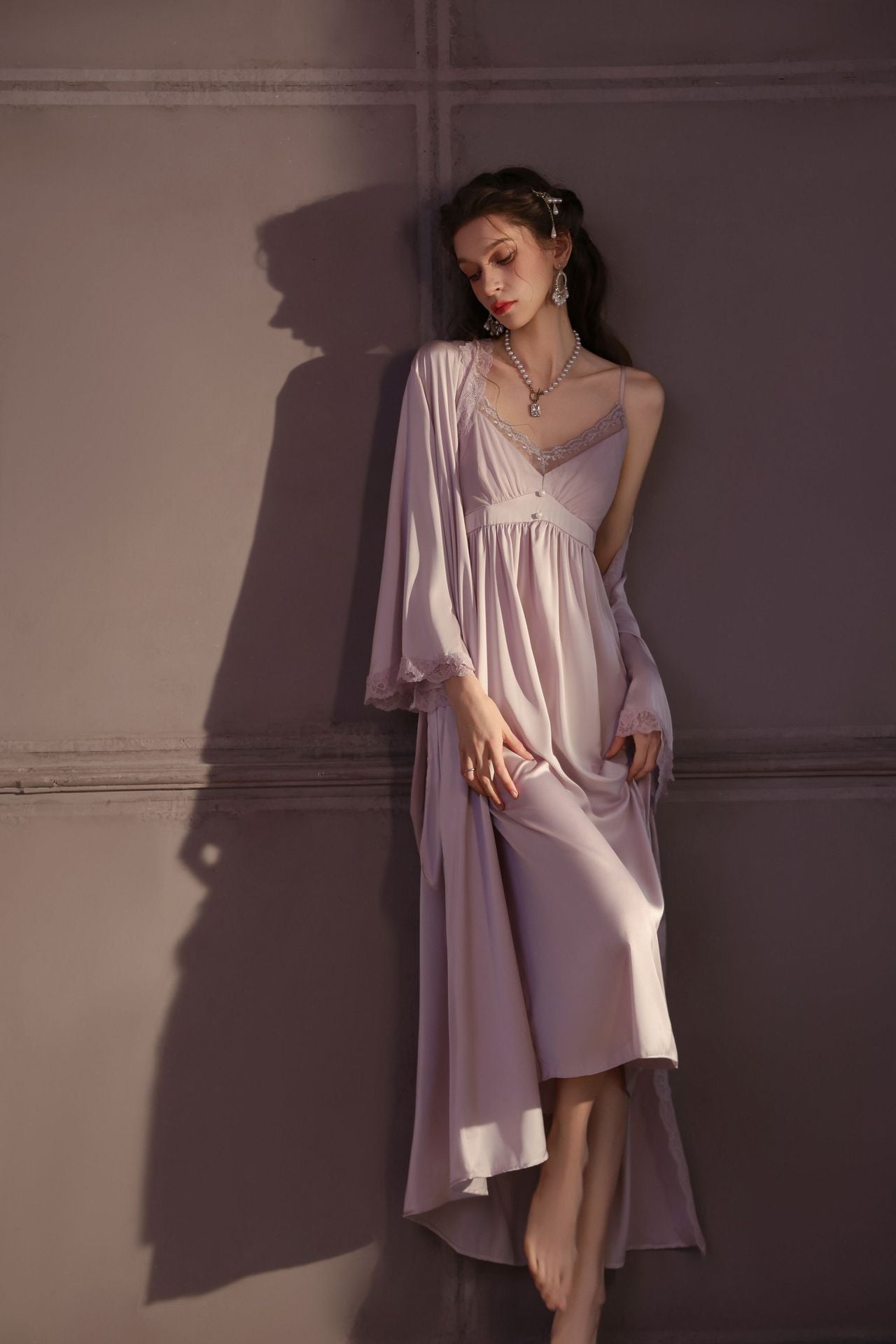 Luxury Ice Silk Long Nighty Set for Women – Sexy Suspender Camisole with Robe