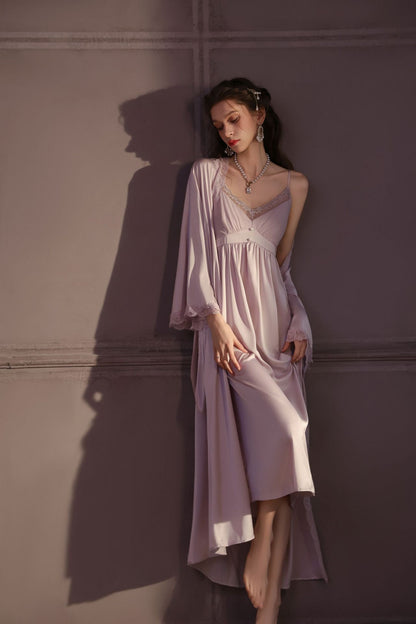 Luxury Ice Silk Long Nighty Set for Women – Sexy Suspender Camisole with Robe