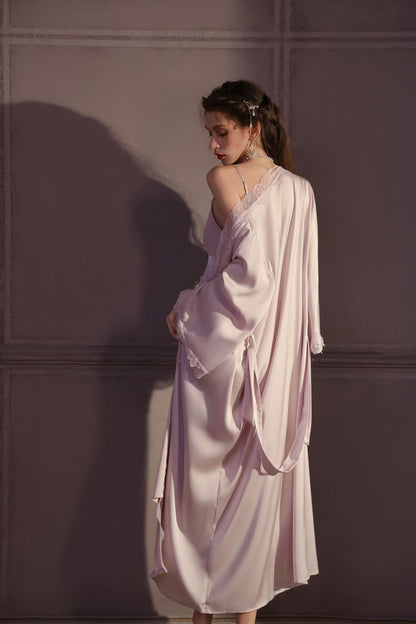 Luxury Ice Silk Long Nighty Set for Women – Sexy Suspender Camisole with Robe