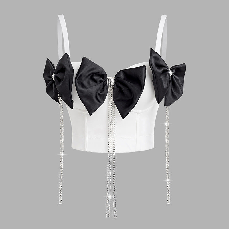 Rhinestone Corset Top for Women – Fishbone Waist Cincher with Bow & Tassel Strap Crop Top